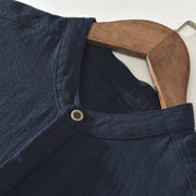 Buddha Stones Solid Color Short Sleeve Half Button Shirt Cotton Linen Men Clothing - image 3