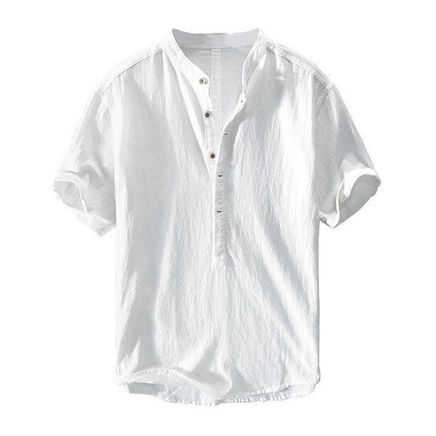 Buddha Stones Solid Color Short Sleeve Half Button Shirt Cotton Linen Men Clothing - image 9