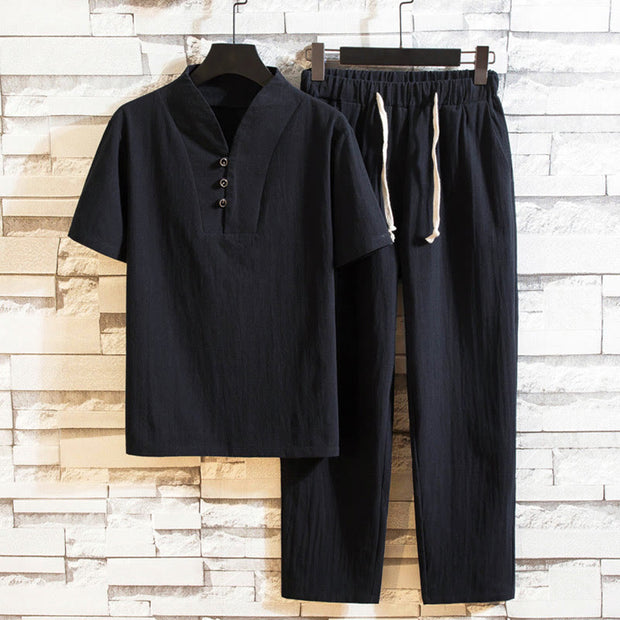 Buddha Stones 2Pcs Solid Color Cotton Button Short Sleeve T-shirt Pants Men's Set - Black - US/UK/AU46，EU56 (5XL) - image 10