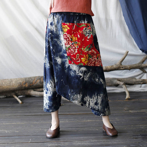 Buddha Stones Red Peony Blue Bamboo Chrysanthemum Patchwork Cotton Linen Harem Pants With Pockets