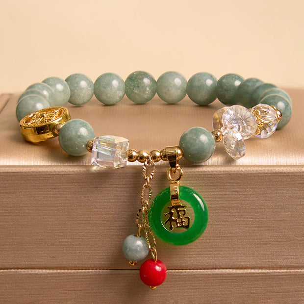 Buddha Stones Strawberry Quartz Jade Fu Character Charm Healing Bracelet