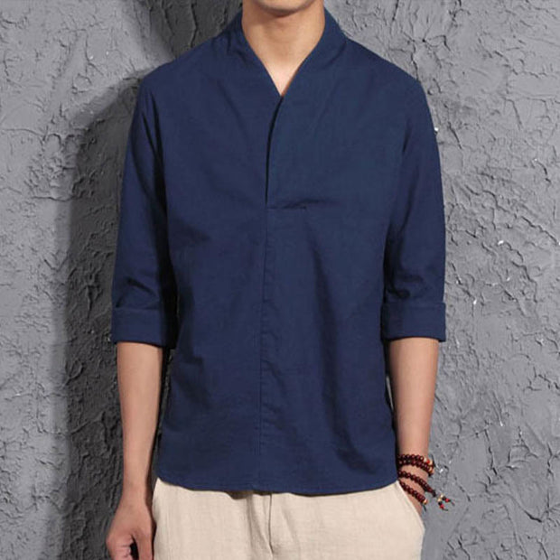 Buddha Stones Casual V-Neck Three Quarter Sleeve Shirt Cotton Linen Men Clothing