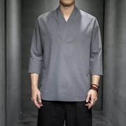 Buddha Stones Casual V-Neck Three Quarter Sleeve Shirt Cotton Linen Men Clothing