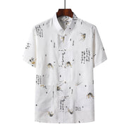 Buddha Stones Frog-Button Fu Character Dragon Bamboo Leaf Chinese Tang Suit Short Sleeve Shirt Linen With Pockets