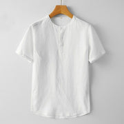 Buddha Stones Summer Men's Solid Color Button Short Sleeve Linen Shirt