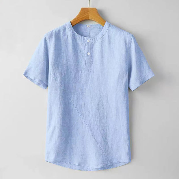 Buddha Stones Summer Men's Solid Color Button Short Sleeve Linen Shirt