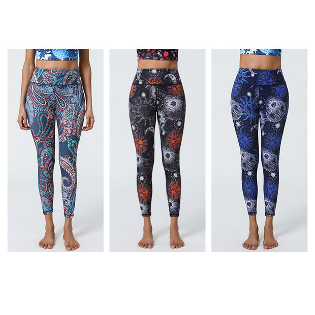 Buddha Stones Flowers Feathers Sun Moon Print Sports Fitness Yoga High Waist Leggings Women's Pants