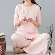 Buddha Stones 2Pcs Three Quarter Sleeve Long Sleeve Shirt Wide Leg Pants Meditation Cotton Linen Clothing Women's Set