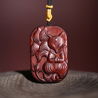 Buddha Stones Small Leaf Red Sandalwood Nine Tailed Fox Pattern Longevity Necklace Pendant (Extra 35% Off | USE CODE: FS35) - Small Leaf Red Sandalwood - image 0