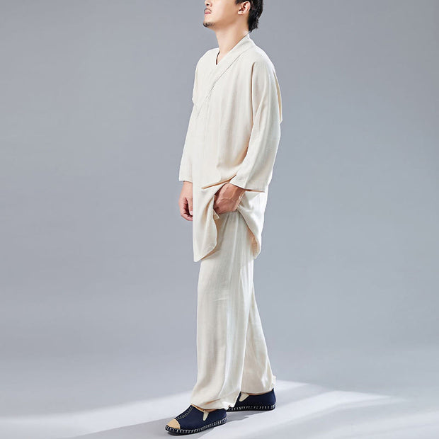 Buddha Stones 2Pcs V-Neck Men's Long Sleeve Shirt Top Pants Meditation Zen Tai Chi Cotton Linen Clothing Set