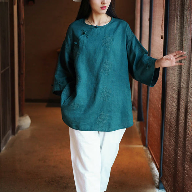 Buddha Stones Solid Color Linen Embroidery Top Loose Tee T-shirt