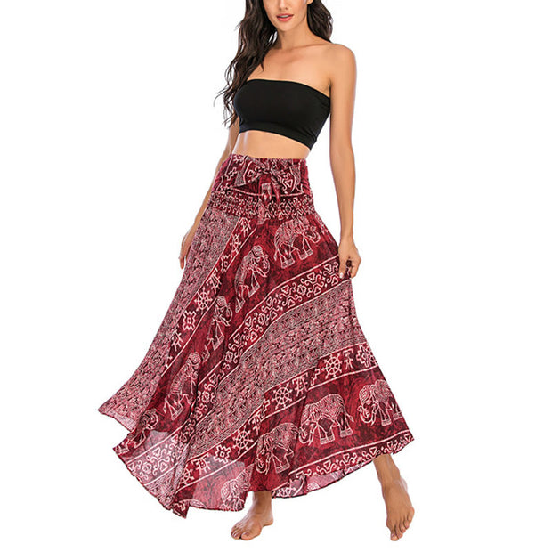 Buddha Stones Two Style Wear Boho Elephant Geometry Lace-up Skirt Dress