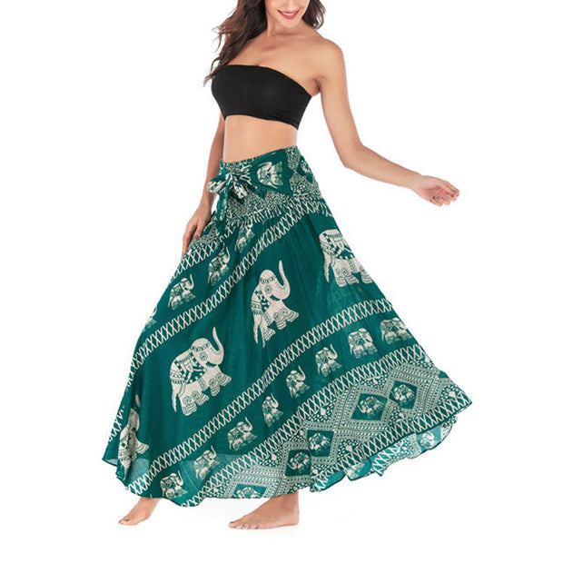 Buddha Stones Two Style Wear Bohemian Summer Elephant Lines Lace-up Skirt Dress