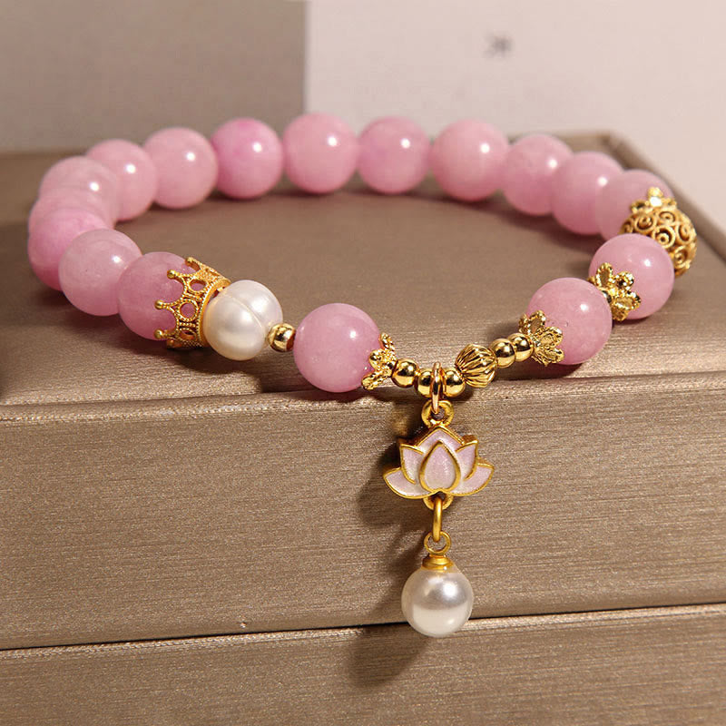 Buddha Stones Pink Quartzite Pearl Lotus Charm Harmony Bracelet