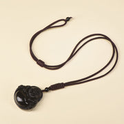 Buddha Stones Natural Black Obsidian Ice Obsidian Laughing Buddha Purification Necklace Pendant