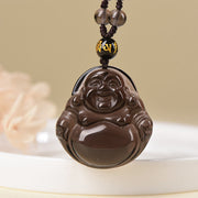 Buddha Stones Natural Black Obsidian Ice Obsidian Laughing Buddha Purification Necklace Pendant