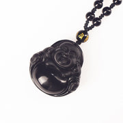 Buddha Stones Natural Black Obsidian Ice Obsidian Laughing Buddha Purification Necklace Pendant