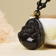 Buddha Stones Natural Black Obsidian Ice Obsidian Laughing Buddha Purification Necklace Pendant