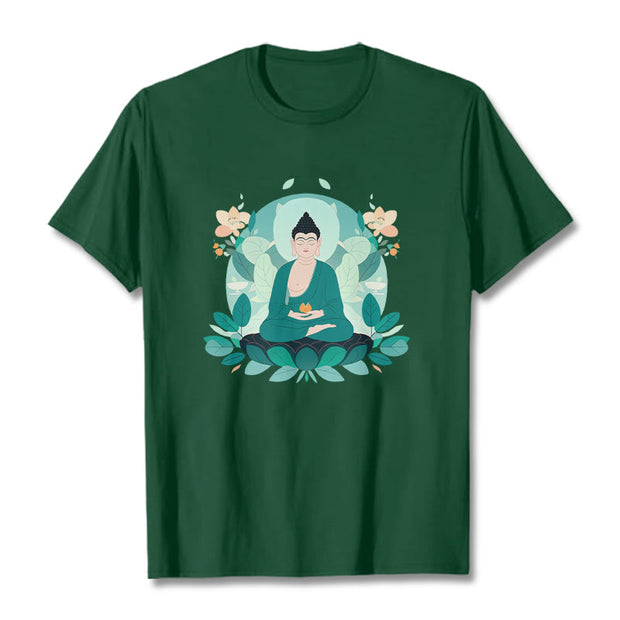 Buddha Stones Close Eyes Green Leaf Buddha Tee T-shirt