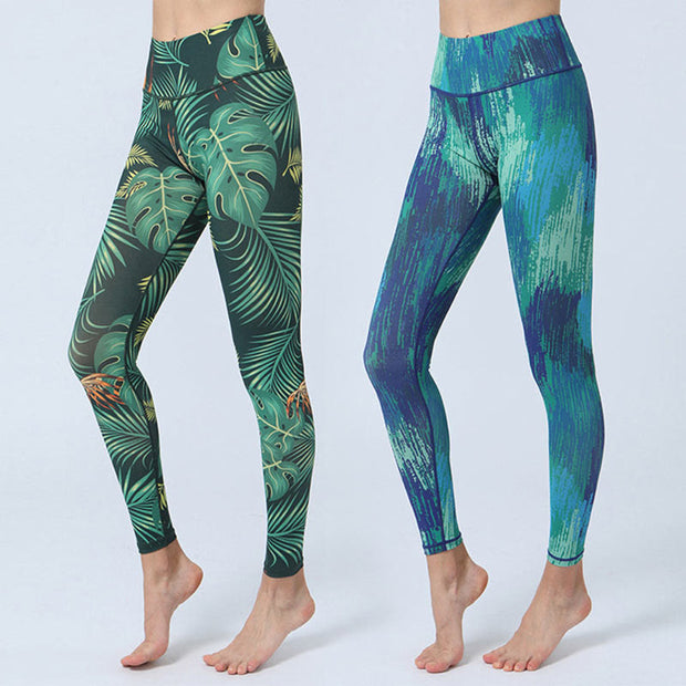 Buddha Stones Leaves Print Sports Fitness Yoga High Waist Leggings Women's Yoga Pants