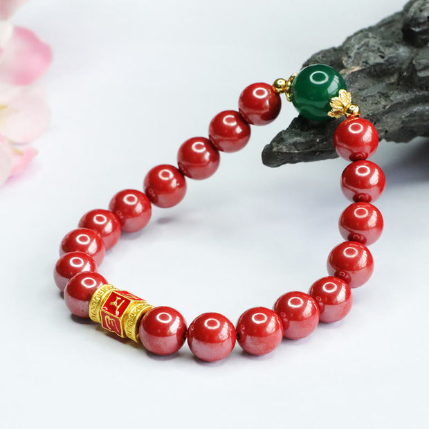 Buddha Stones Natural Cinnabar Green Agate Om Mani Padme Hum Pattern Blessing Bracelet Bracelet BS 3