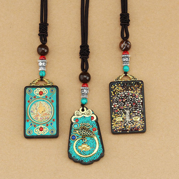 FREE Today: Attracting Wealth Tibet God Of Wealth Money Tree Golden Phoenix Thangka Ebony Necklace Pendant