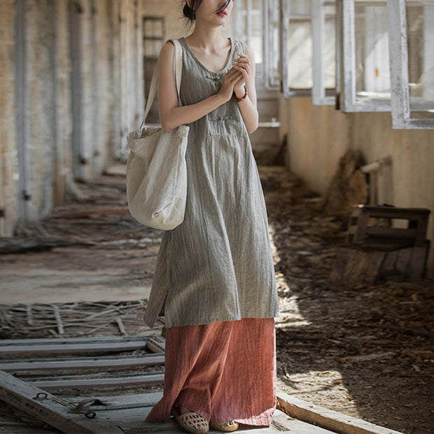 Buddha Stones Frog-Button Ramie Linen Women's Sleeveless Knee Length Dress With Pockets, DarkSeaGreen Dress&Red Pants / US4-8/10,UK/AU8-12/14,EU36-40/ Buddha Stones Frog-Button Ramie Linen Women's Sleeveless Knee Length Dress With Pockets, DarkSeaGreen Dress&Red Pants / US4-8/10,UK/AU8-12/14,EU36-40/