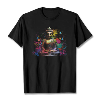 Buddha Stones Colorful Butterfly Flying Meditation Buddha Tee T-shirt