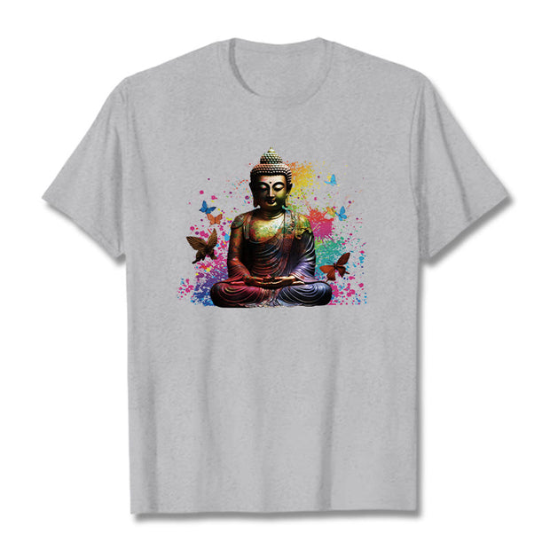 Buddha Stones Colorful Butterfly Flying Meditation Buddha Tee T-shirt