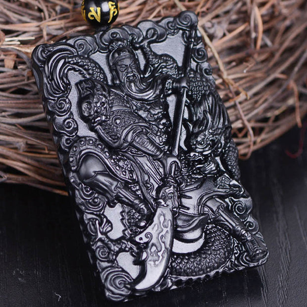 Buddha Stones Black Obsidian Guan Gong Amulet Engraved Strength Necklace Pendant