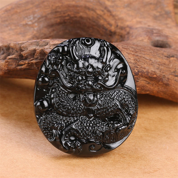 FREE Today: Strength And Power Natural Black Obsidian Round Dragon Carved Necklace Pendant