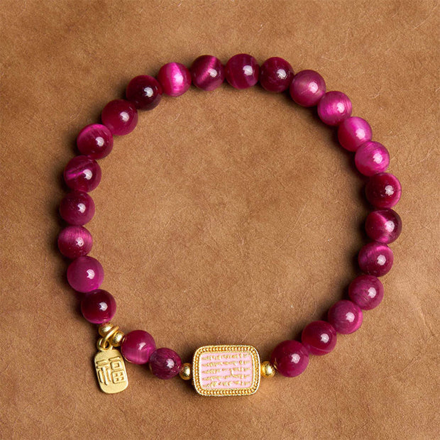 Buddha Stones Rose Red Tiger Eye Fu Character Courage Bracelet