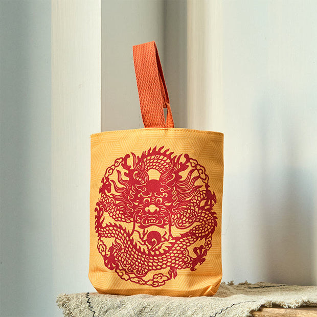 Buddha Stones Chinese Dragon Persimmon Canvas Handbag Handbags BS Dragon and Tiger 15*8*22cm