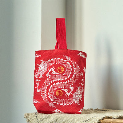Buddha Stones Chinese Dragon Persimmon Canvas Handbag Handbags BS Double Dragon 15*8*22cm