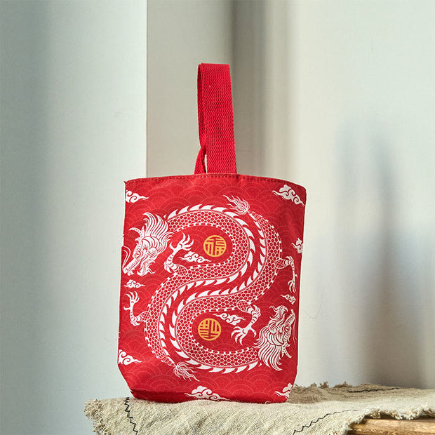 Buddha Stones Chinese Dragon Persimmon Canvas Handbag Handbags BS Double Dragon 15*8*22cm