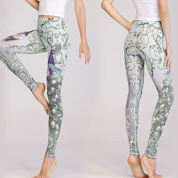 Buddha Stones Lotus Cherry Blossom Gradient Peacock Print Lycra Fabric Fitness Leggings Women's Yoga Pants Women's Leggings BS 15