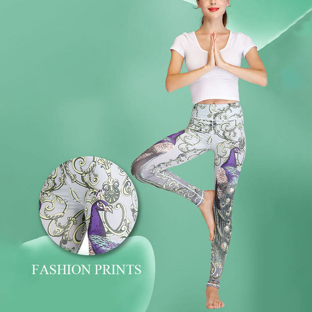 Buddha Stones Lotus Cherry Blossom Gradient Peacock Print Lycra Fabric Fitness Leggings Women's Yoga Pants Women's Leggings BS 17