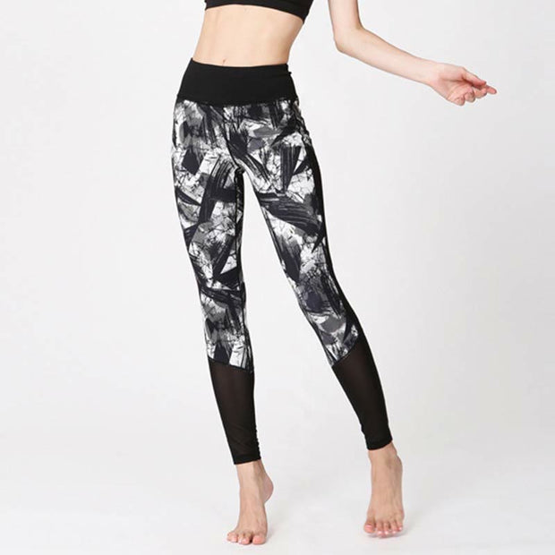 Buddha Stones White Black Ink Brush Lines Print Sports Fitness Mesh Leggings Women's Yoga Pants