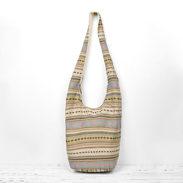 Buddha Stones Khaki Brown Geometric Stripes Pattern Cotton Crossbody Bag Shoulder Bag