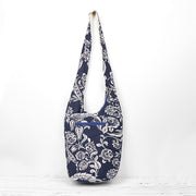 Buddha Stones Navy Blue White Flower Pattern Cotton Crossbody Bag Shoulder Bag Crossbody Bag&Shoulder Bag BS 2