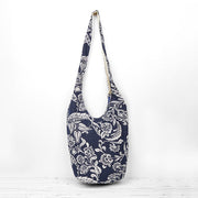 Buddha Stones Navy Blue White Flower Pattern Cotton Crossbody Bag Shoulder Bag Crossbody Bag&Shoulder Bag BS 1