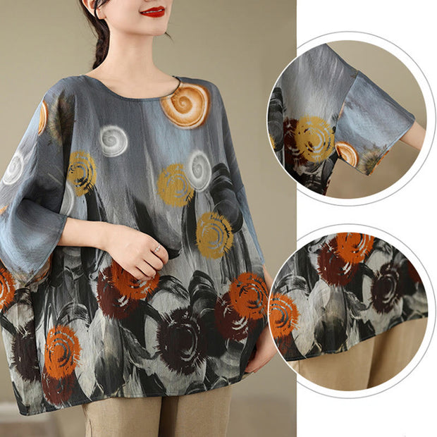 Buddha Stones Casual Colorful Gray Dandelion Three Quarter Sleeve Linen T-shirt Tee Women's T-Shirts BS 10