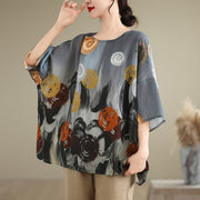 Buddha Stones Casual Colorful Gray Dandelion Three Quarter Sleeve Linen T-shirt Tee Women's T-Shirts BS 2