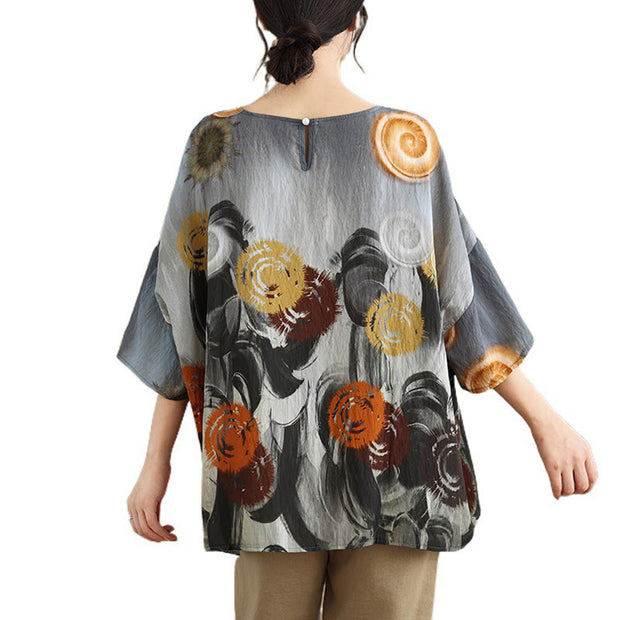 Buddha Stones Casual Colorful Gray Dandelion Three Quarter Sleeve Linen T-shirt Tee Women's T-Shirts BS 4