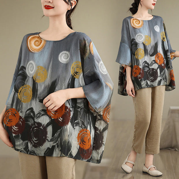 Buddha Stones Casual Colorful Gray Dandelion Three Quarter Sleeve Linen T-shirt Tee Women's T-Shirts BS 3
