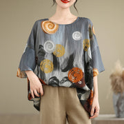 Buddha Stones Casual Colorful Gray Dandelion Three Quarter Sleeve Linen T-shirt Tee Women's T-Shirts BS 1