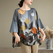 Buddha Stones Casual Colorful Gray Dandelion Three Quarter Sleeve Linen T-shirt Tee Women's T-Shirts BS F(Fit for US4-14; UK/AU8-18; EU36-46)