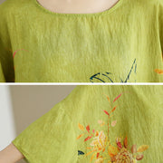 Buddha Stones Yellow Green Flowers Three Quarter Sleeve Linen T-shirt Tee Women's T-Shirts BS 6