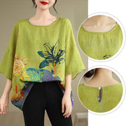 Buddha Stones Yellow Green Flowers Three Quarter Sleeve Linen T-shirt Tee Women's T-Shirts BS 9