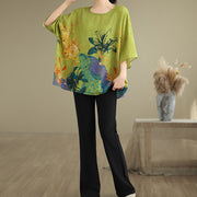 Buddha Stones Yellow Green Flowers Three Quarter Sleeve Linen T-shirt Tee Women's T-Shirts BS 12